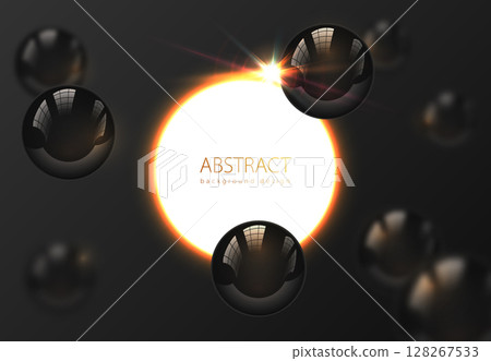 Flying glossy black pearl sphere, blur on dark background. White sun disk glow frame lens flare light effect. Luxury vector abstract delicate background for science business advertisement 128267533