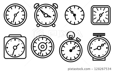 Clock face linear icon set. Time scale. Vector thin line icons isolated on white background. Alarm clock, stopwatch, watch, wall clock logo design 128267534