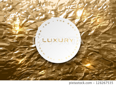 Gold crumpled foil background, white circle center banner. Aluminum foil as luxury background for design. Vector texture of crumpled foil. Crumpled candy wrapper. Golden texture with metallic luster 128267535