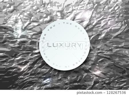 Silver crumpled foil background, white circle center banner. Aluminum foil as luxury background for design. Vector texture of crumpled foil. Crumpled wrapper. Gray metal texture with metallic luster 128267536