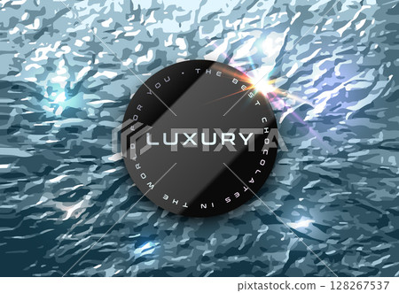 Frozen silver crumpled foil background, black circle center banner, lens flare. Aluminum foil as luxury background. Vector texture of crumpled foil. Blue cold shiny candy wrapper. Metallic luster 128267537