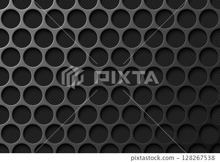 Perforation metal grid pattern texture wallpaper, black carbon fiber background. Vector black iron speaker grill endless texture. Web page backdrop. Round holes in sheet metal lined with carbon fiber Perforation metal grid pattern texture wallpaper, black carbon fiber background. Vector black iron speaker grill endless texture. Web page backdrop. Round holes in sheet metal lined with carbon fiber 128267538