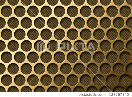 Perforation golden grid pattern texture, gold carbon fiber background. Vector brass iron speaker grill background. Web page luxury backdrop. Round holes in sheet metal lined with carbon fiber Perforation golden grid pattern texture, gold carbon fiber background. Vector brass iron speaker grill background. Web page luxury backdrop. Round holes in sheet metal lined with carbon fiber 128267540