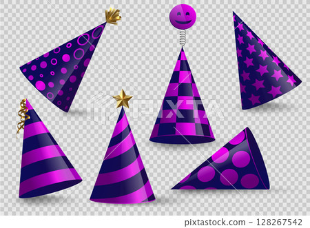 Party cone hat set isolated on transparent background. Birthday festive hat collection in different positions, angles. Vector fun decoration. Blue pink party luxury surprise costume icon Party cone hat set isolated on transparent background. Birthday festive hat collection in different positions, angles. Vector fun decoration. Blue pink party luxury surprise costume icon 128267542