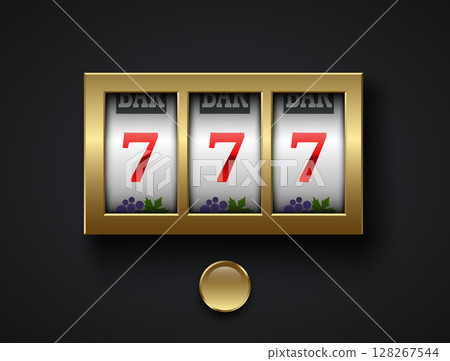 Luxury lucky seven 777 slot machine. Golden spin button, gold frame, isolated on black background. Vector online casino vegas game. Gambling fortune chance web banner. Win jackpot red 7 Luxury lucky seven 777 slot machine. Golden spin button, gold frame, isolated on black background. Vector online casino vegas game. Gambling fortune chance web banner. Win jackpot red 7 128267544