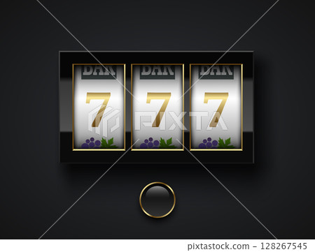 Luxury lucky seven 777 slot machine. Spin button, glossy frame, isolated on black background. Vector online casino vegas game. Gambling fortune chance web banner. Win jackpot golden 7 128267545