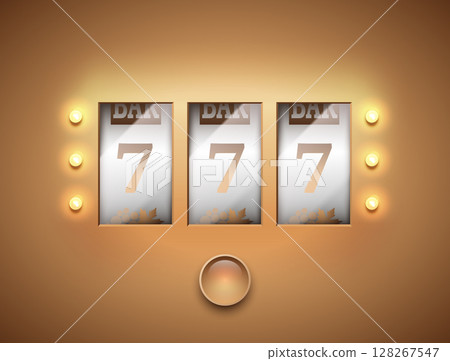 Lucky seven 777 slot machine. Spin button, cut frame, isolated on gold background. Vector online casino vegas game. Gambling fortune chance web banner. Win jackpot golden 7, led bulb light 128267547