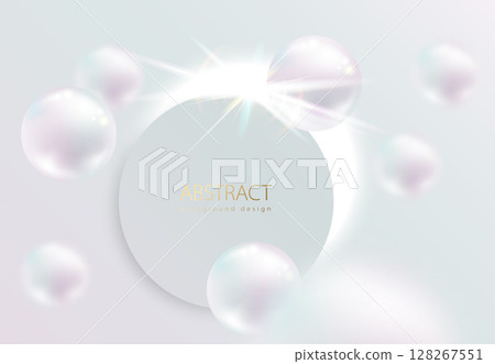 Flying white natural pearl sphere, blur on light pearly background. Flat cut disk frame sun eclipse white glow light effect. Luxury pearl vector abstract delicate background for beauty advertisement 128267551