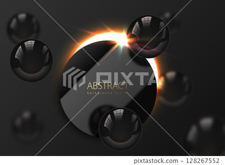 Flying glossy black pearl sphere, blur on dark background. Flat cut black disk frame sun eclipse glow light effect. Luxury vector abstract delicate background for science business advertisement 128267552