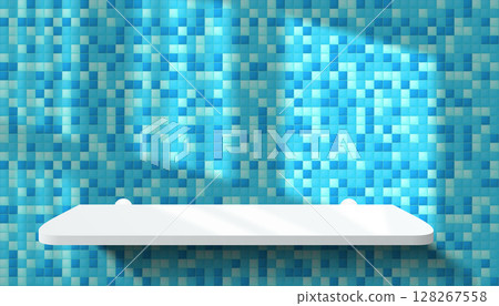 3D bathroom or kitchen room tiled wall, realistic white podium or acrylic product shelf. Vector blue mosaic ceramic tiles wall background mockup. Minimal stage showcase scene. Realistic window shadow 128267558