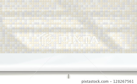 3D kitchen room table, work surface, light pastel tiled wall, white acrylic podium or plastic product shelf. Vector grey mosaic ceramic tiles wall background mockup. Showcase shadow stage scene 128267561
