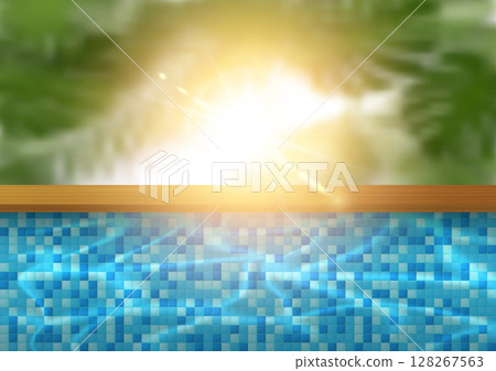 Pool party horizontal poster with tropical leaf and blue mosaic tile pool water. Summer vacation design template. Jungle palm resort background vector design. Summer sun light effect 128267563