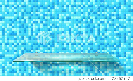 3D bathroom or kitchen room azure tiled wall, realistic transparent glass podium, tempered glass product shelf. Vector blue mosaic ceramic tile wall background mockup. Realistic stage showcase scene 128267567