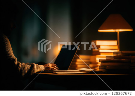 Man working late at desk with laptop and warm lamp light Man working late at desk with laptop and warm lamp light 128267672