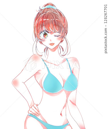 Woman in swimsuit with bun 128267701