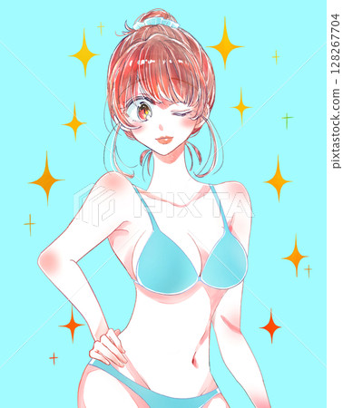 穿著泳衣的女人，髮髻，閃閃發光 128267704