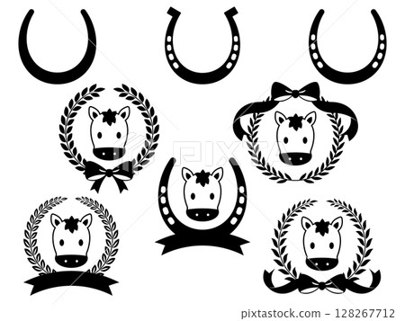 Horse and horseshoe emblem set, monotone 128267712