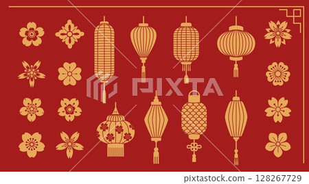 Golden chinese lanterns with japanese flowers 128267729