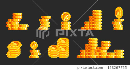 Pixel gold coin stacks in retro 8 bit style 128267735