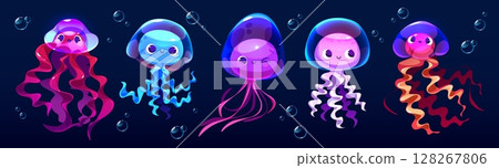 Cute cartoon jellyfish medusa characters 128267806