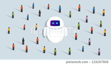 A central AI chatbot surrounded by a diverse crowd of people, illustrating the widespread interaction integration of AI technology within a population A central AI chatbot surrounded by a diverse crowd of people, illustrating the widespread interaction integration of AI technology within a population 128267808