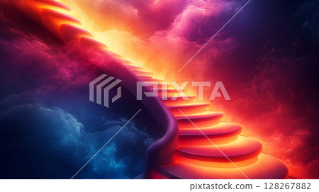 Glowing spiral staircase ascending into cosmic clouds, illuminated by orange and purple light. Surreal digital art concept for success and spiritual journey 128267882