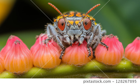 Jumping spider with striking orange eyes perched on vibrant pink fruit, capturing unique macro wildlife photography in natural setting 128267895