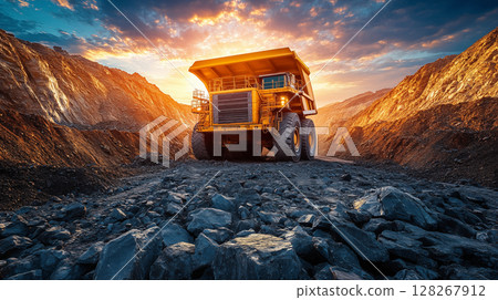 Mining dump truck operating in quarry during dramatic sunset, demonstrating industrial scale earth moving. Heavy equipment in resource extraction 128267912