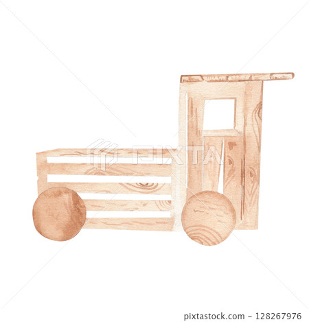 Watercolor Wooden train shaped box with garden basket. Transporting wine, food, fruits, vegetables. for decorating garden-themed postcards, making stickers, logos and seasonal decor. 128267976