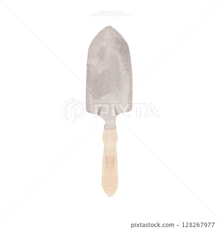 Watercolor Garden shovel, small metal, with wooden handle. illustration garden tools. Hand drawn tools for harvesting crops, gardens, and houseplants, design, postcards, magazines, rustic themed decor 128267977