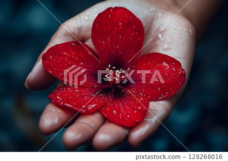 Crimson bloom delicately rests within gentle grasp with glistening dew drops 128268016