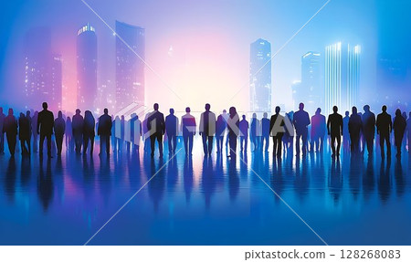 Silhouetted figures meet against the backdrop of a futuristic cityscape Silhouetted figures meet against the backdrop of a futuristic cityscape 128268083