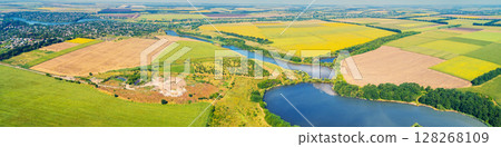Sunny day in the countryside. Rural landscape in daylight. Aerial view of a meandering river and cultivated fields. Horizontal banner 128268109