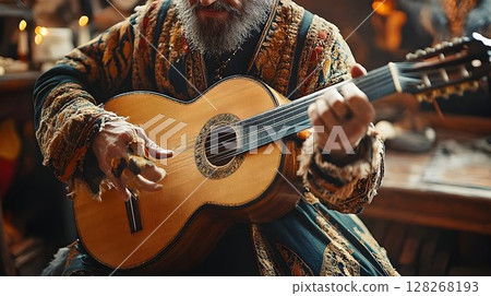 Artisan's Hands Compose a Serenade on Classical Guitar, Melodic Journey 128268193