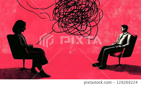 Illustrative depiction of therapy session exploring intricate thoughts, anxieties Illustrative depiction of therapy session exploring intricate thoughts, anxieties 128268224