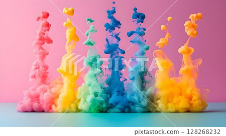 Colorful plumes of dye dissolving and rising in water, creating abstract art 128268232