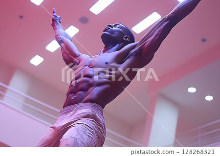 Toned physique of athletic man in illuminated interior raising arms 128268321
