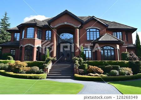 Elegant brick mansion with manicured lawn under a bright blue sky in daytime 128268349
