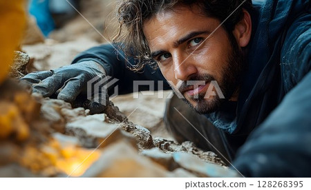 Focused geologist examining rock samples at exploration site carefully 128268395