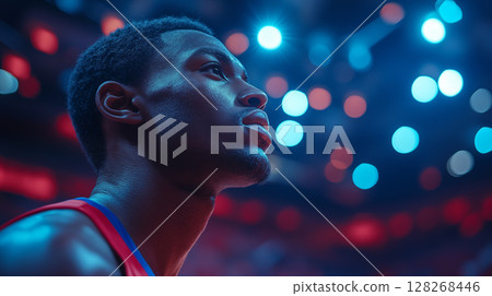 Black man looking upward with colorful light reflections, athlete in sports uniform at stadium. Sports motivation concept 128268446