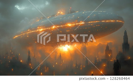 The Arrival, A Colossal Airship Descends upon a Neo-Victorian Metropolis 128268464