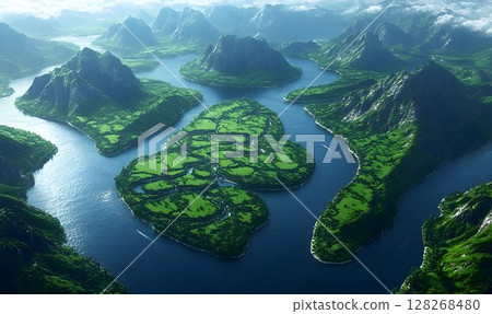 Serene Island Archipelago Amidst Verdant Mountains and a Calm Blue River 128268480