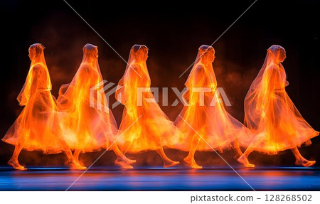 Sequential motion of dancers in flowing orange dresses under stage lights 128268502