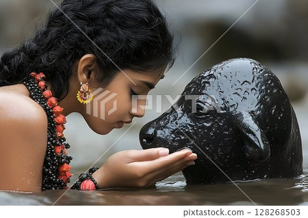 Intimate moment of girl and buffalo, immersed in reflective water body 128268503