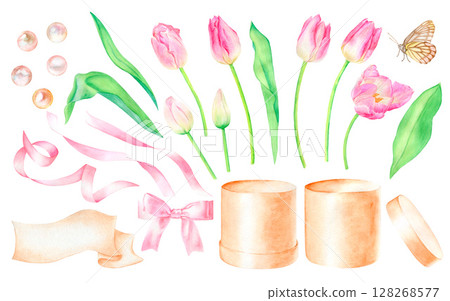 A set of pink tulips, green leaves, a box with a lid for flowers, a bow for the box, a text holder, ribbons, a butterfly, pearls. Drawn in watercolor by hand. Isolated on a white background. 128268577