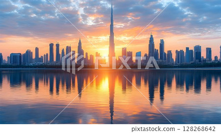 Striking sunrise cityscape reflection illuminating the serene waters in Dubai 128268642