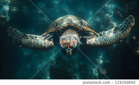 Graceful sea turtle gliding through mesmerizing deep blue ocean waters 128268692