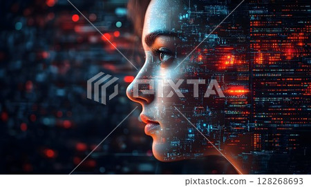 Artificial intelligence fusion concept with a woman's profile and circuit patterns 128268693