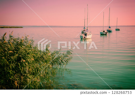 Sailing boats in the lake during sunset. Balaton Lake Hungary Europe 128268753