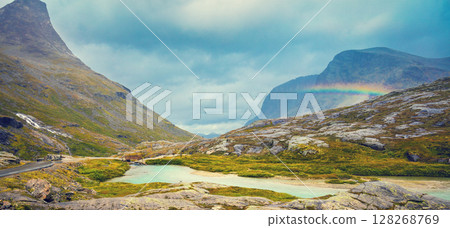 Mountain landscape. Rocky shore of mountain lake in rainy autumn morning. Beautiful nature Norway. 128268769
